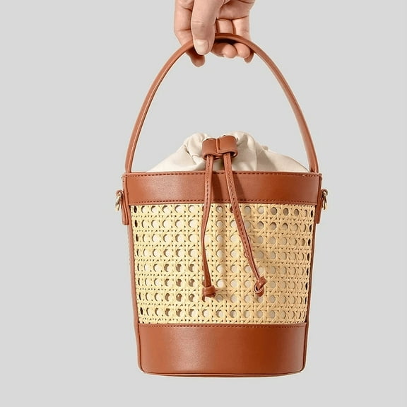 Fashion Hollow Bucket Bag Imation Wicker Woven Women Handbags Luxury Pu Leather