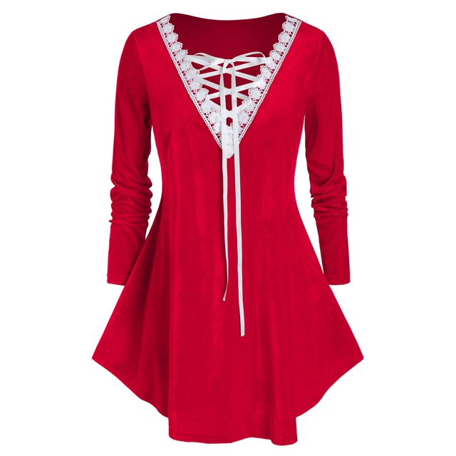 Tamaño Plus Bicolor ata para arriba el bordado de terciopelo Top Rosegal Mangas largas de talla grande