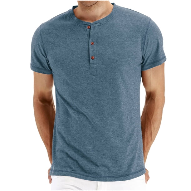Camiseta de manga corta informal con cuello redondo y medio botón para hombre Pompotops oipoqjl7409