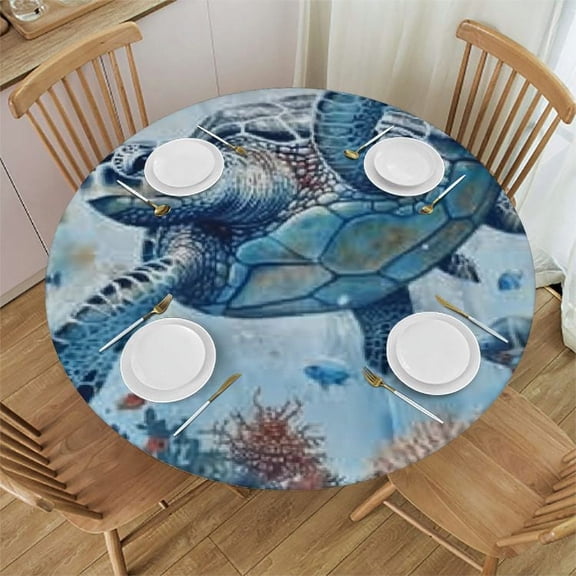Round Fitted Tablecloth, Summer Ocean Sea Turtle Coral Starfish Seashell Conch Retro Navigation Blue Waterproof Table Cloth Table Cover with Elastic Edged for Outdoor,