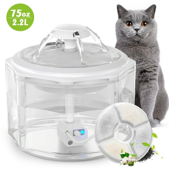 PcEoTllar Cat Water Fountain, 75oz/2.2L Automatic Pet Fountain Dispenser, Smart Pump with LED Light, White