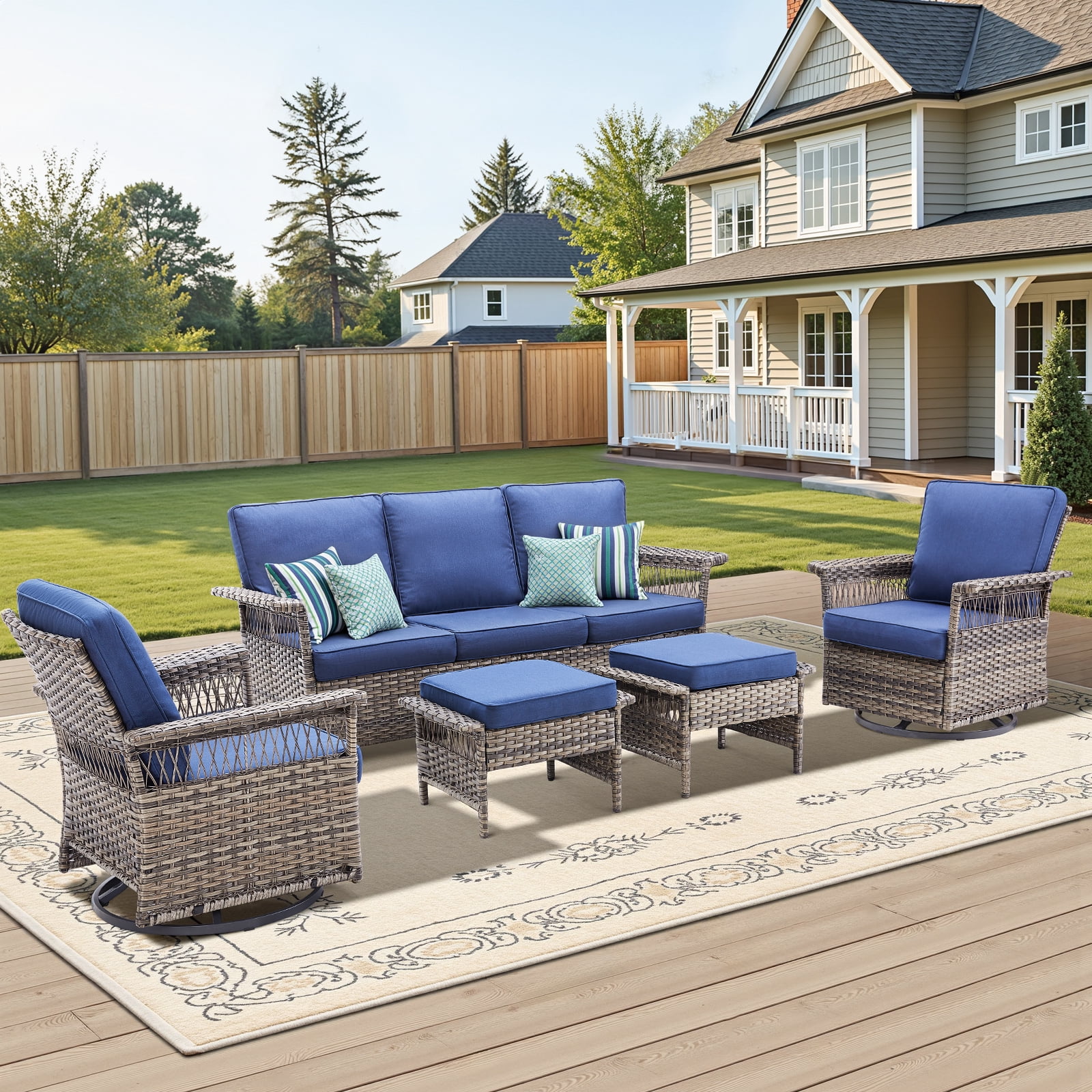 PPorfamilia 5 Piece Outdoor Patio Furniture Sets, All-Weather Rattan Conversation Sofa Sets with Rocking Swivel Chairs and Navy Cushions