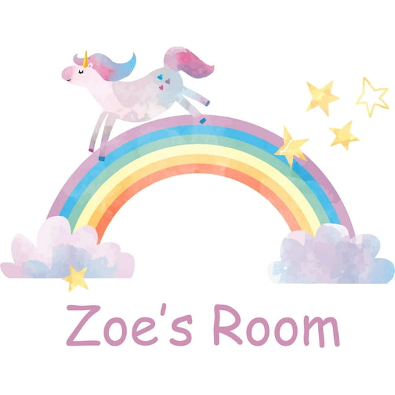 Rainbow Unincorn Sky Stars Cartoon Customized Wall Decal - Custom Vinyl Wall Art - Personalized Name - Baby Girls Boys Kids Bedroom Wall Decal Room Decor Wall Stickers Decoration Size (27x30 inch)