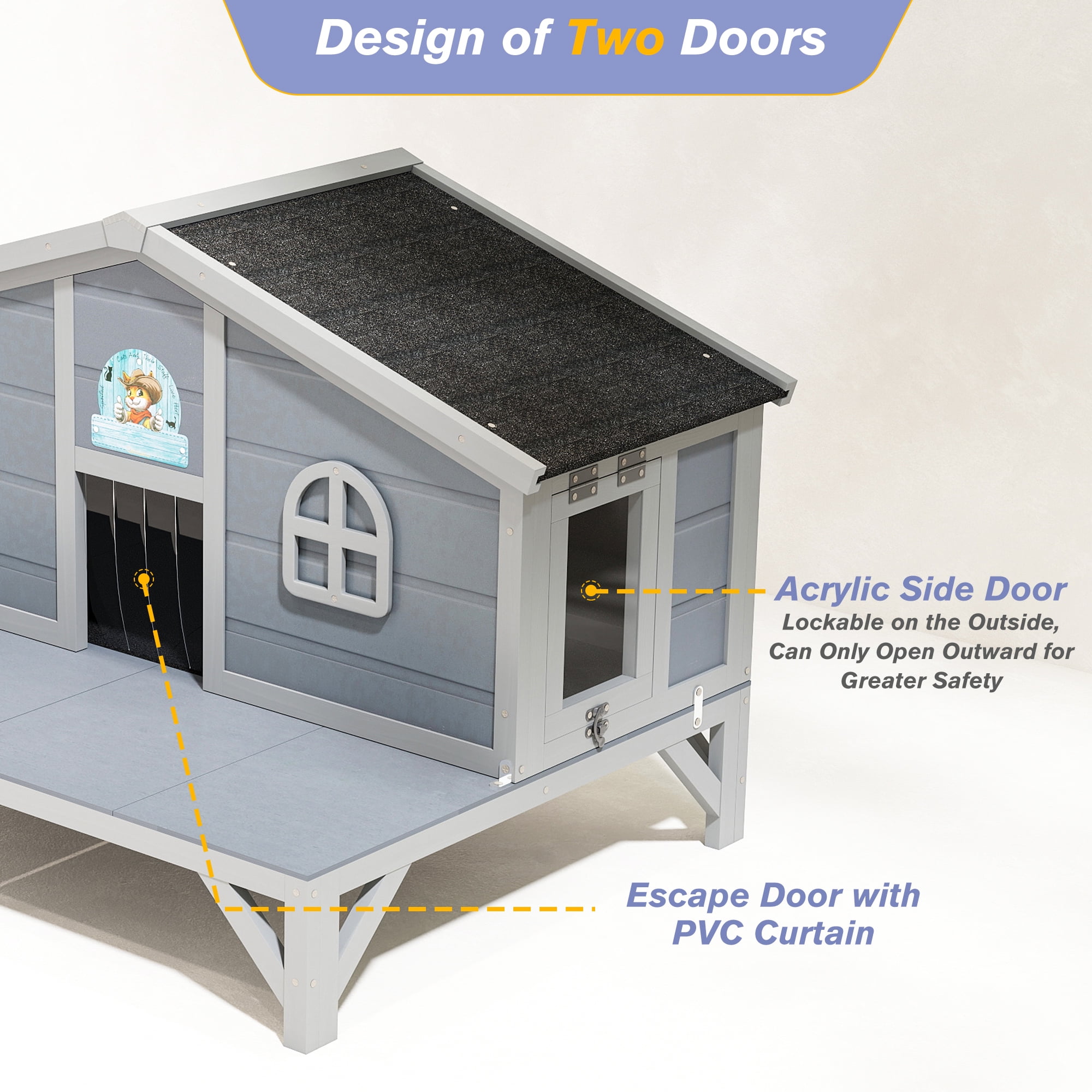 COZIWOW 43in Insulated Cat House for Outdoor Wooden Cat Shelter with Deck, Elevated, Gray