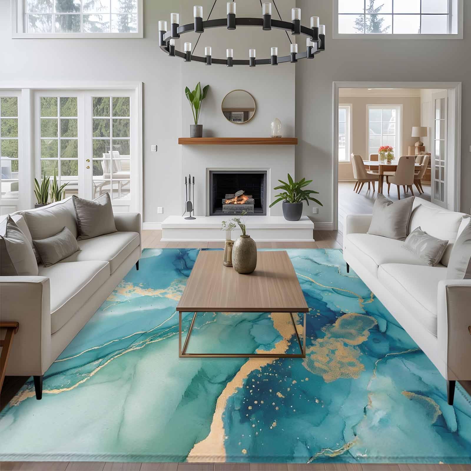 Area Rug for Living Room, Turquoise Marble Non-Slip Indoor Large Carpet for Bedroom/Dining Room, Modern Abstract Art Ombre Blue Washable Low-Profile Rectangle Floor Runner Rugs - 6 x 9 Ft