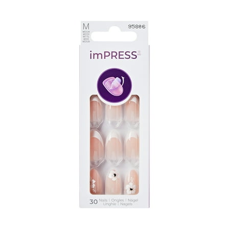 KISS imPRESS  Press on Nails, Real Smooth, White, Medium Almond, 30 Count