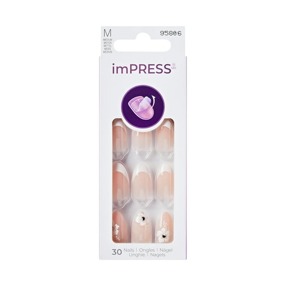 KISS imPRESS  Press on Nails, Real Smooth, White, Medium Almond, 30 Count