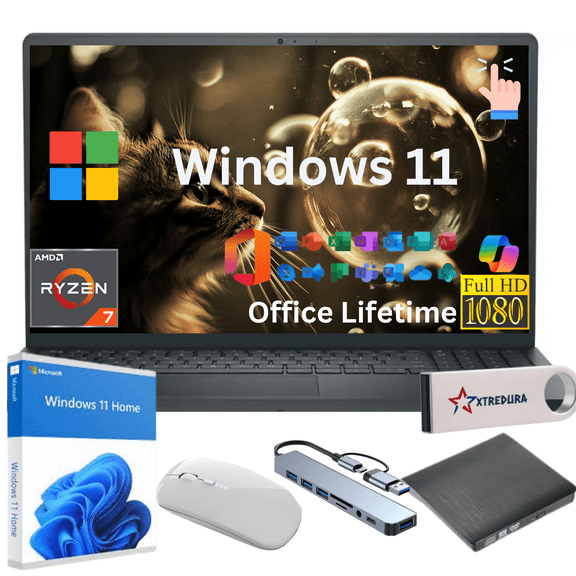 Dell Inspiron 15 3535 Full HD Touch Laptop, AMD Ryzen 7 7730U (Beat I7-1250U), 8GB RAM, 256GB SSD, Windows 11 Home with Copilot, Liftime Microsoft Office,Gift Bundle
