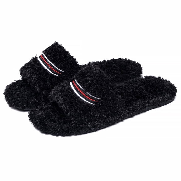 BOERTEU Women Striped Embroidered Fuzzy Open Toe House Slippers
