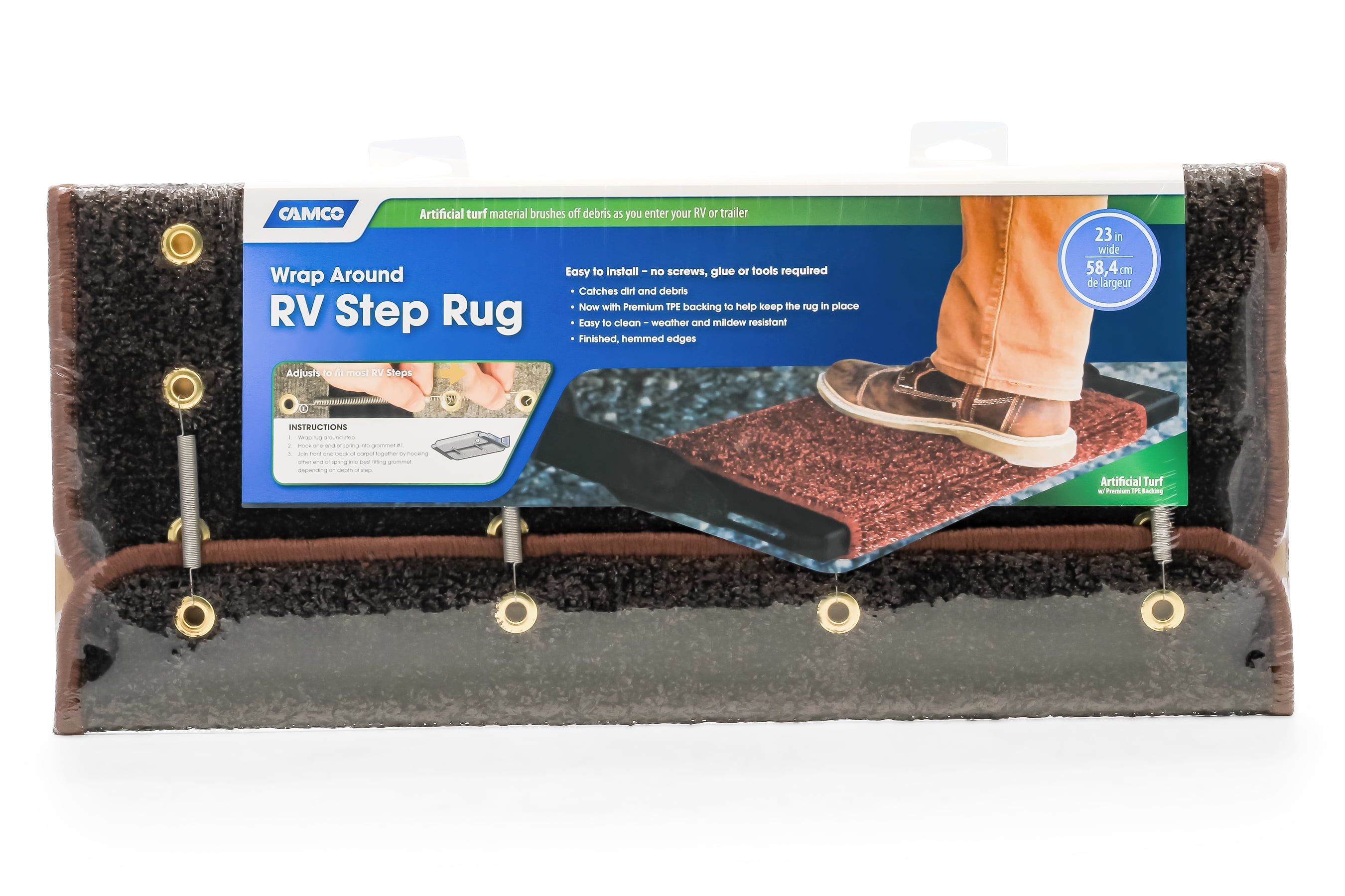 Camco 42944 Premium Wrap Around RV Step Rug, Turf Material (22" x 23"), Brown