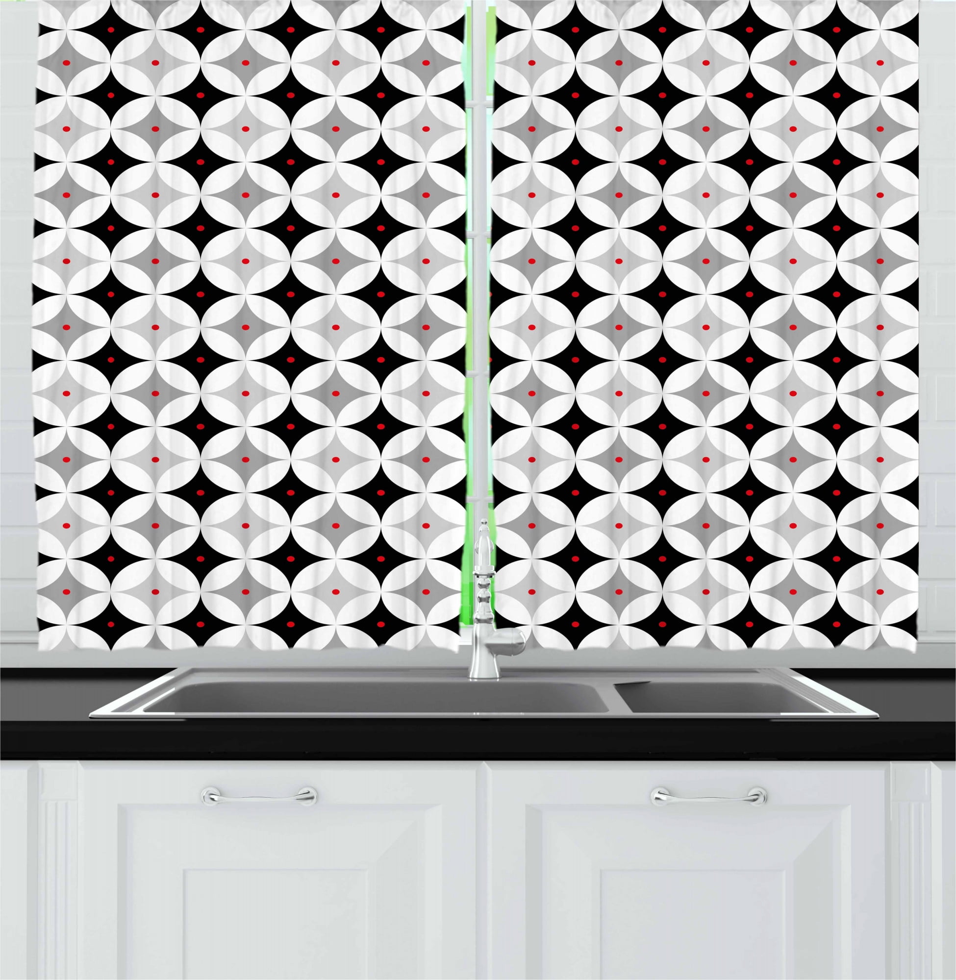 Mid Century Kitchen Curtains, Retro Styled Atomic Composition Vintage Diamond Line Pattern, Two Panels Drapes with Rod Pocket Room Decor, 55