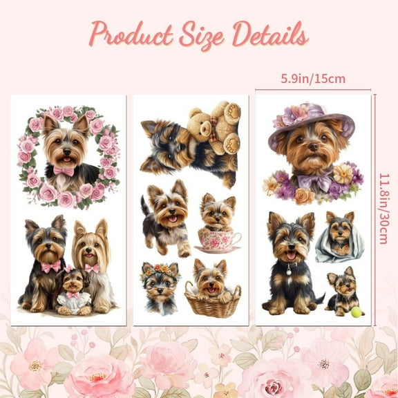 Rub on Transfer Decal Sticker for Furniture Craft Decor 6"x12" Yorkshire Dog 3Pcs Waterproof UV DTF Transfer for Drawer Dresser Glass Porcelain Wood Plastic