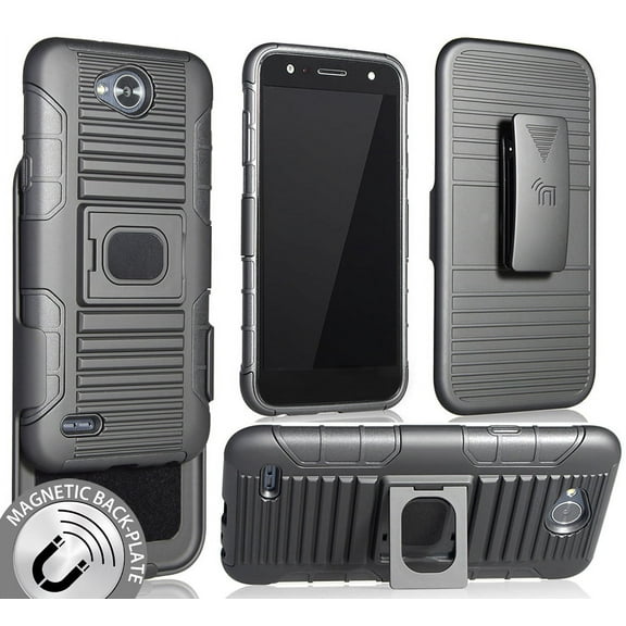 Nakedcellphone Black Grip Case Cover [Built-In Mounting Plate] and Belt Clip Holster Stand for LG X Power-2, X Charge, Fiesta 2, Fiesta, K10 Power