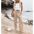 thumbnail image 3 of Cotton Linen Palazzo Pants Women Casual High Waisted Palazzo Pants Wide Leg Long Lounge Trendy Trousers Beach Pant Solid Vacation Casual Outfits, Khaki, 3 of 9