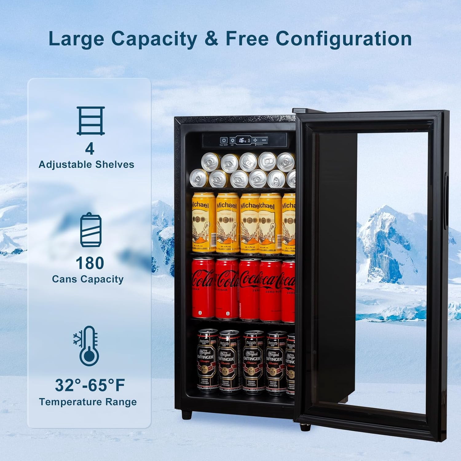 GGTB 180-Can Beverage Refrigerator Cooler, Mini Fridge with Glass Door, Digital Temperature Display, Adjustable Shelves for Beer Soda Wine, Black