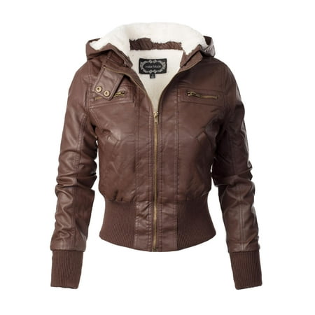 Made by Olivia Women's Faux Leather Detachable Hood Sherpa Lining Bomber Jacket Coffee (Best Leather Bomber Jacket)