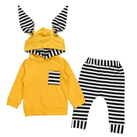 Cute Newborn Infant Baby Boy Girl Outfits Clothes Long Sleeve Hoodies Top with Rabbit Ears Hat+ Striped Pants Set