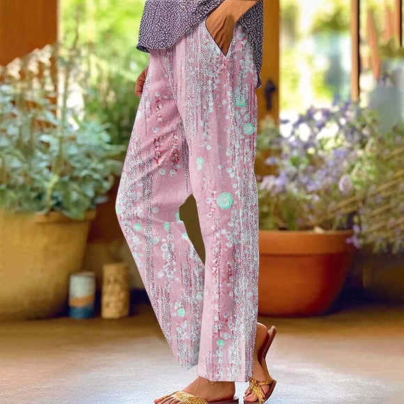 Mceream Women's Boho Floral Printed Pants Elastic Waist Straight Leg Summer Casual Beach Cropped Trousers with Pockets Pink XXL