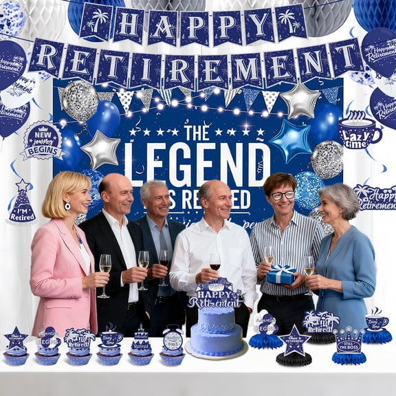 Happy Retirement Decorations Set – The Legend Has Retired Party Supplies with Banner, Backdrop, Balloons, Cake Toppers & Blue/Silver Decor for office Farewell & Celebration