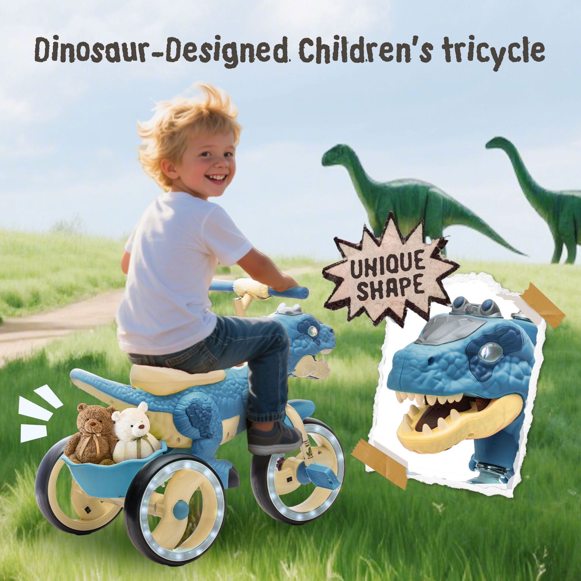 Xuanlur Kids Ride on Dinosaur Tricycle, Toddlers Kid Trike with EVA Wide Flash Wheels, Anti-Slip Pedals, Rear Basket, Music & LED Lights, Toddler Bike Toys Gift for 3-6 Year Old Boys & Girls (Blue)