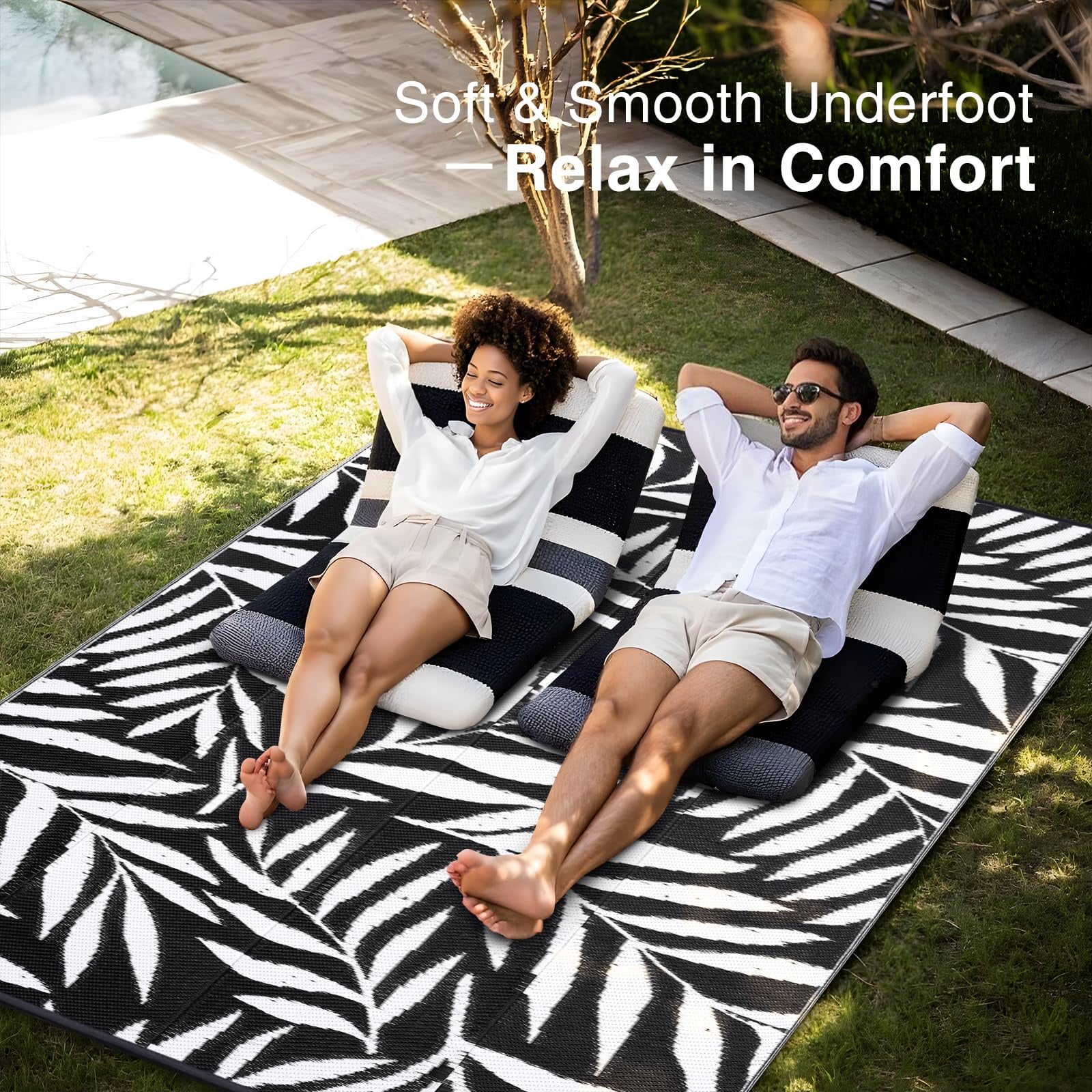Smiry Outdoor Rugs 8x10, Waterproof Plastic Straw Indoor Outdoor Mat for Patio, RV Camping, Deck,Porch, Black & White