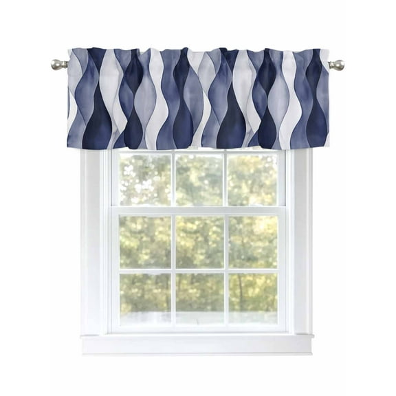 Navy Blue Valances for Windows, Rod Pocket Kitchen Valance Curtains - Soft & Washable Small Window Treatment for Living Room, Bathroom, Watercolor Abstract Ocean Waves, 54x18inch