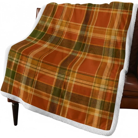 Fleece Sherpa Bed Blankets, Plaid Fall Microfiber Plush Flannel Throw Blanket, Thanksgiving Orange Brown Autumn Farmhouse Harvest Soft Reversible Picnic Blanket for Camping Travel Home Decor 50"x60"