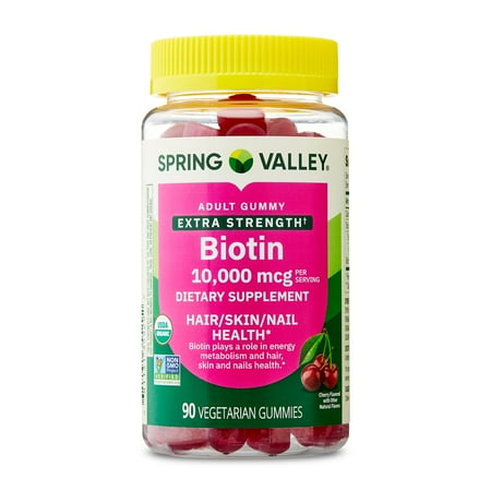 Spring Valley Organic Extra Strength Biotin Vegetarian Gummies for Hair/Skin/Nail Health, Cherry, 10000 mcg, 90 Count