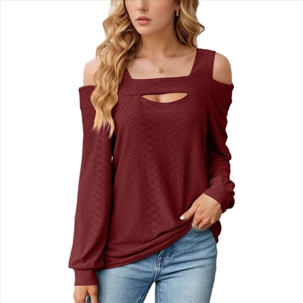 Blusa de Verano con Escote Cuadrado y Hombros Descubiertos para Mujer, Color Rojo Vino L