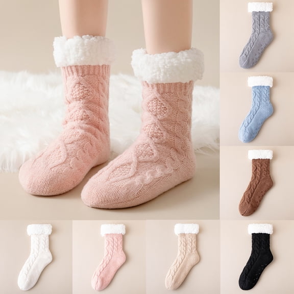 Fabrcox Womens Fuzzy House Slipper Socks, Thick Plush Brushed Edge, Non Skid Grips Fluffy Winter Indoor Socks, Warm Loungewear Socks for Sleeping at Home
