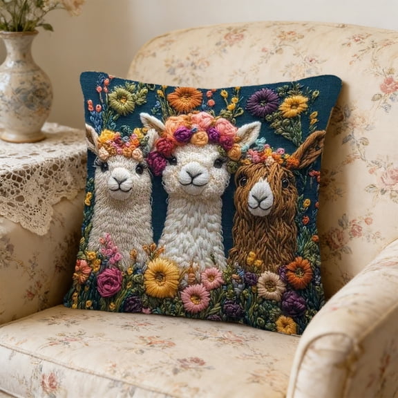 Throw Pillow Cover 18x18 Inch, Faux Embroidery Print Cute Animal Pillow Case with Llama Fox Squirrel for Sofa Living Room Decor