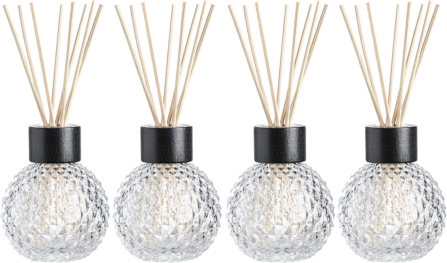 7 Ounce Glass Diffuser Bottles with 32 pcs Replacement Natural Reed Sticks, 3.9' H Bottles with Black Wood Caps, Set of 4