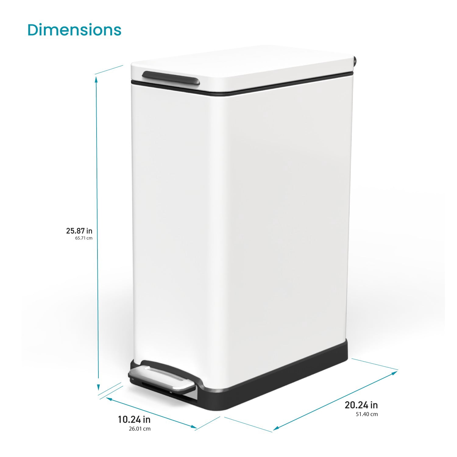 Home Zone Living 12 Gallon Slim Kitchen Trash Can with Step Pedal, Soft-Close Lid and Removable Liner, Stainless Steel, Matte White