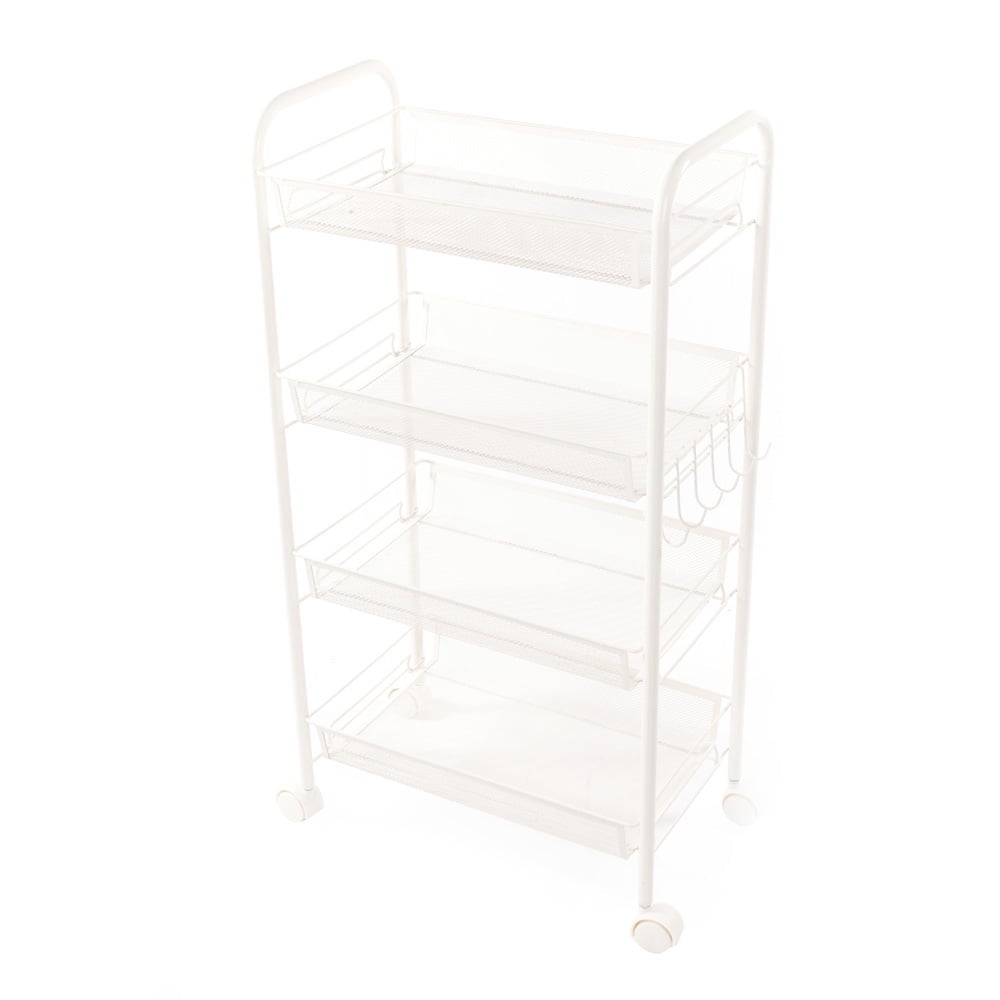 Kepooman 4-Tier Mesh Wire Rolling Cart with Hook Ivory, White Kepooman 4-Tier Mesh Wire Rolling Cart with Hook Ivory, White