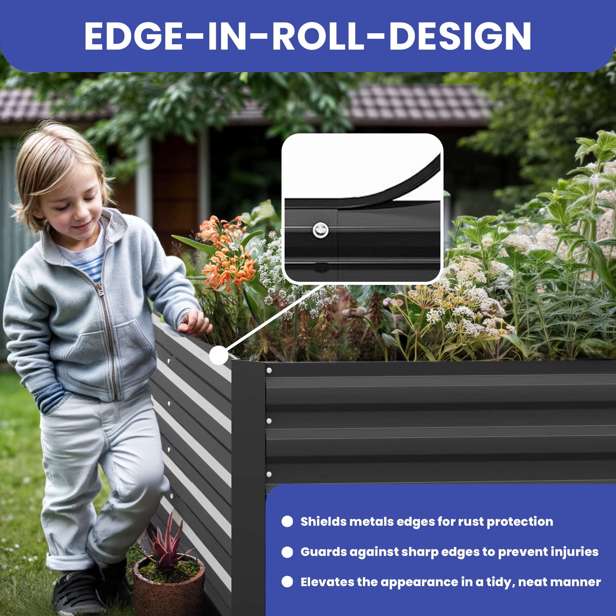 ModFusion 2 Pack 8x4x2 Ft High Metal Galvanized Raised Garden Bed Kit with Support Rod, Corner Panel Protection, Above Ground Planter Box, Large Gardening Pot, Dark Gray