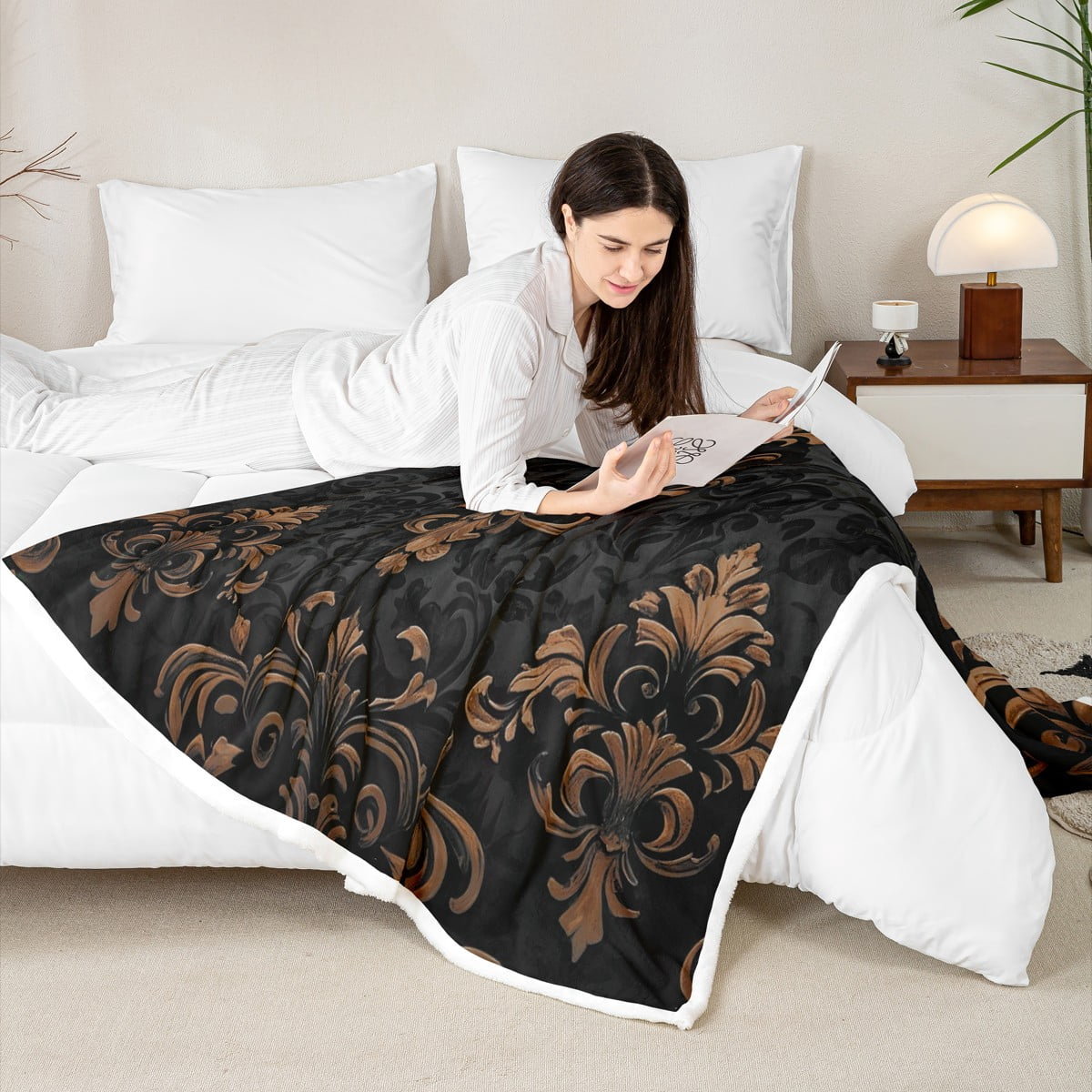 Manfei Bohemian Damask Flannel Blanket 30x40, Black Brown Sherpa Throw, Victorian Flower Plush Throw Blanket, Breathable Bedroom Decoration