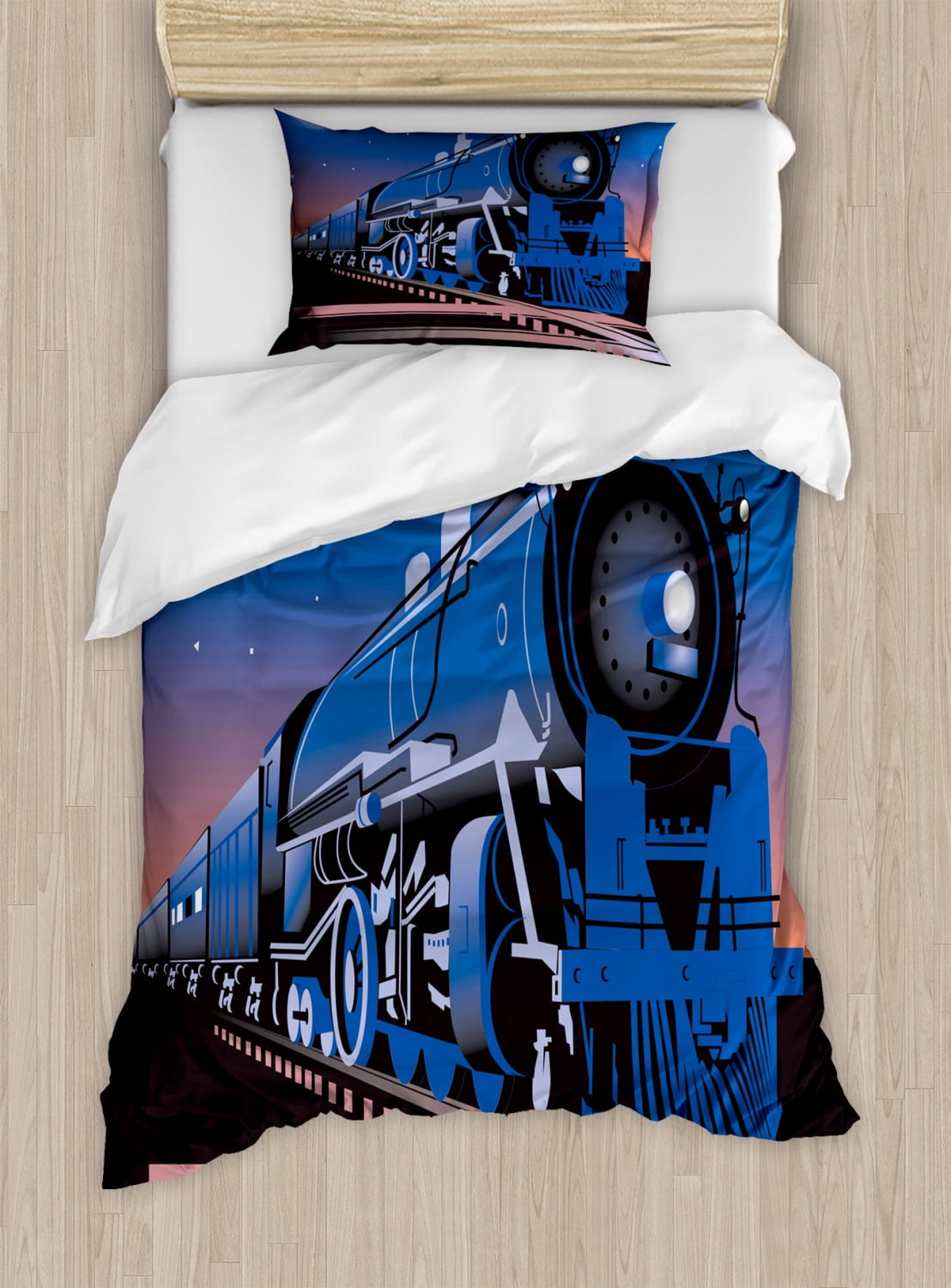 Train Duvet Cover Set, Old Fashion Vehicle Coming from Horizon in