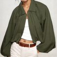 thumbnail image 4 of Sewkxo Womens Cropped Puff Sleeve Bomber Jacket Lapel Collar Pleated Full Zip Coat Spring Loose Fit Trendy Outerwear,Army Green M, 4 of 8