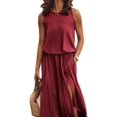 thumbnail image 3 of Women's Crew Neck Sleeveless Elastic Waist Slit Maxi Dress Wine Red XL, 3 of 6