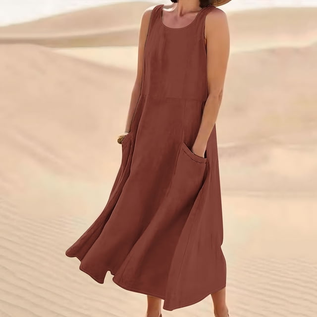 EQWLJWE Économies d'Été! Robes d'Été pour Femmes 2024 Décontractées Tendance, Robes pour Femmes Grande Taille en Liquidation, Robe Longue Sans Manches en Coton et Lin Col Rond Couleur Unie avec Poche