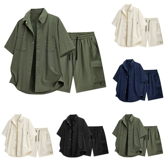 BinBiL Men's 2 Piece Vacation Outfits Short Sleeve Button Up Cuban Shirts and Drawstring Waist Beach Shorts White XL(XL)