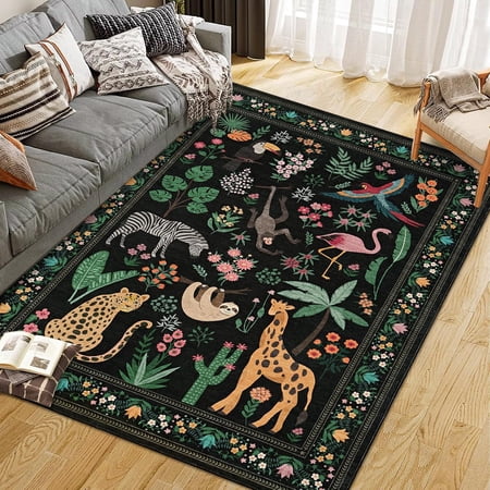 10x13 Rug, Washable Animal Living Room Rug with Non Slip Vintage Design, Soft Low Pile Large Carpet for Bedroom, Nursery, Dining Room, Farmhouse, Playroom, Kids Room, Black