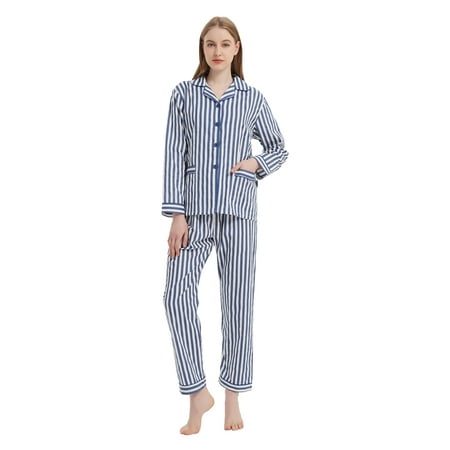 

GLOBAL Womens 100% Cotton Pajamas PJs Set Long Sleeve Notch Collar Button-Down Nightwear Drawstring Sleepwear 2-Piece Set Size XXL