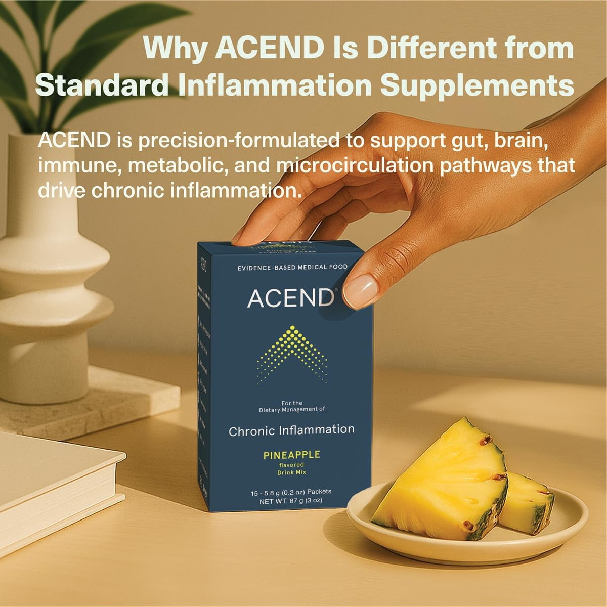 ACEND Advanced Inflammatory Support Powdered Drink Mix Evidence Based Polyphenols Prebiotic Fiber Probiotics D3 K2 Minerals and Electrolytes Non GMO