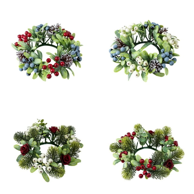 Christmas Candle Rings Wreath 3 Inch Center Pine Cone Red Berry Artificial Greenery Candle Holder Centerpiece for Holiday Table Mantle Decor