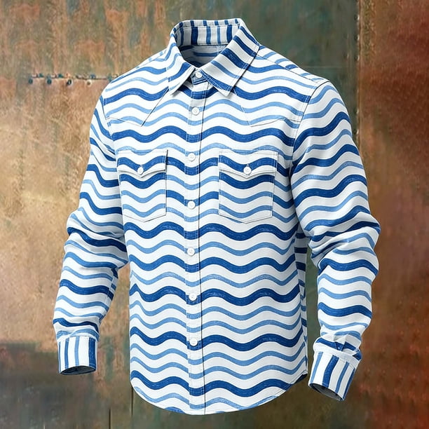 Ceisia Men's Loose Fit Vintage Wavy Stripe Print Long Sleeve Cotton Shirt Sky Blue M Gifts