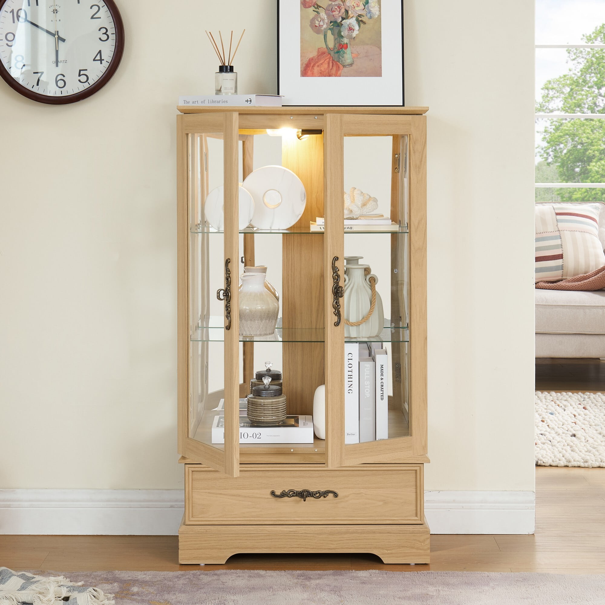 AENKYO 47" Retro Glass Curio Cabinet with Light Bulb - Vintage Display Case with Adjustable Glass Shelves, Oak
