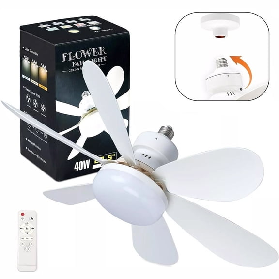 Ceiling Fan Light with Remote Control – Socket‑In Screw‑Fit LED Fan Light for Indoor Cooling & Illumination, 3‑Speed Fan, Adjustable Light Modes for Bedroom & Living Room