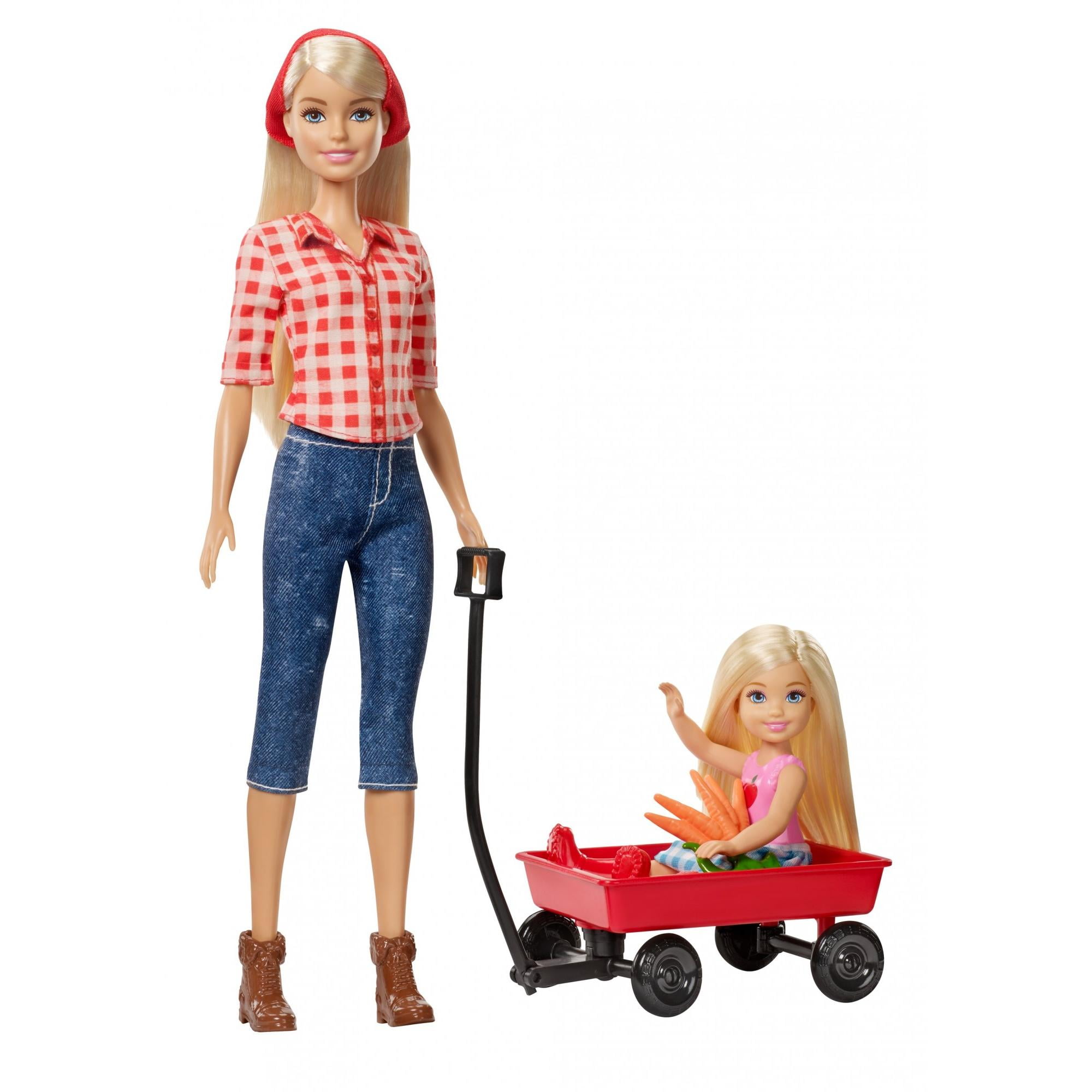 Barbie SWEET ORCHARD FARM Barbie & Chelsea little Sister Blonde Dolls Red Wagon 