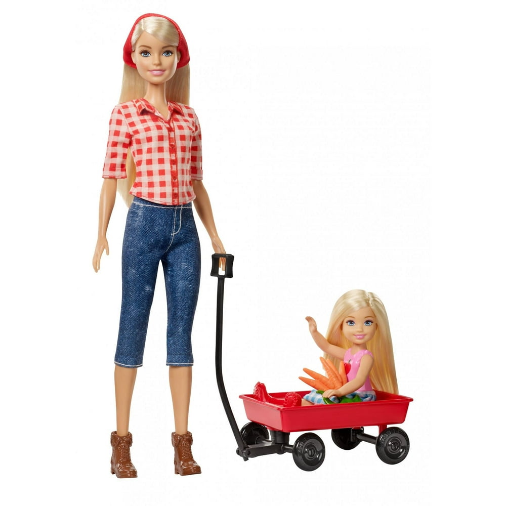 Sweet Orchard Farm Playset Barbie Doll And Chelsea Doll With Red Wagon And Carrots Walmart 